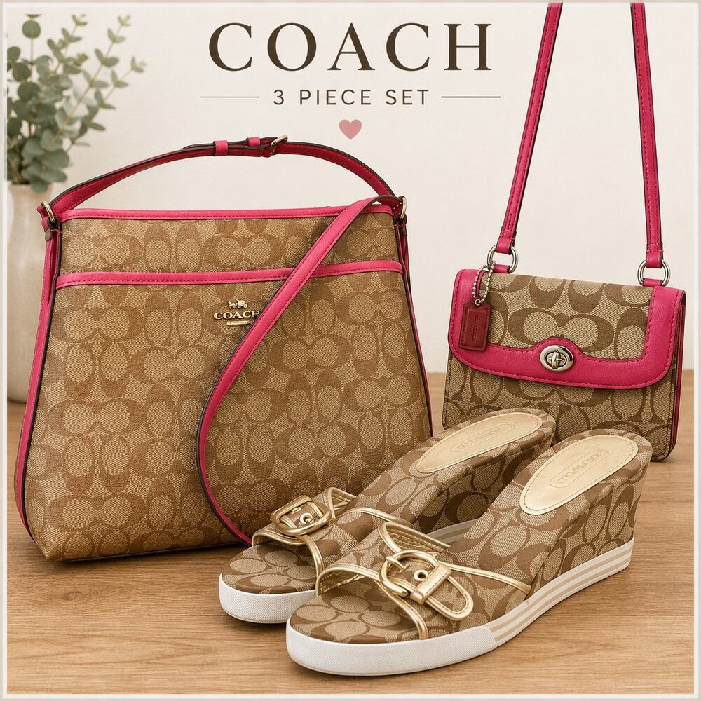 Coach Combo, Crossbody Messenger Bag, Sandals & Crossbody Wallet khaki/pink